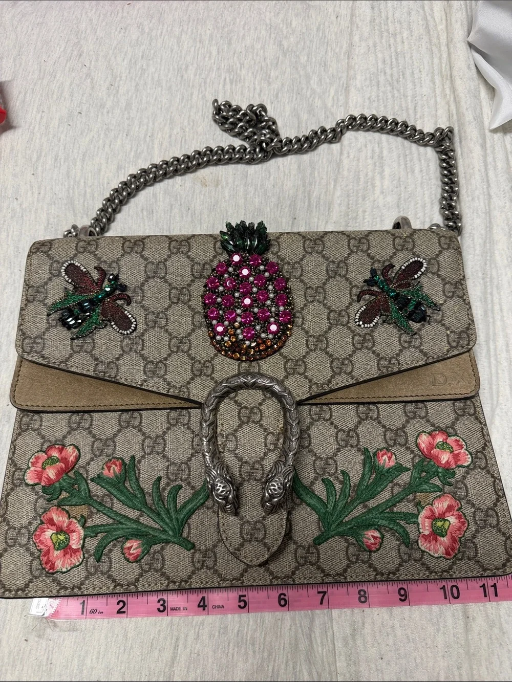 Gucci Beige GG Supreme Embroidered Dionysus Shoulder Bag with Pineapple Detail